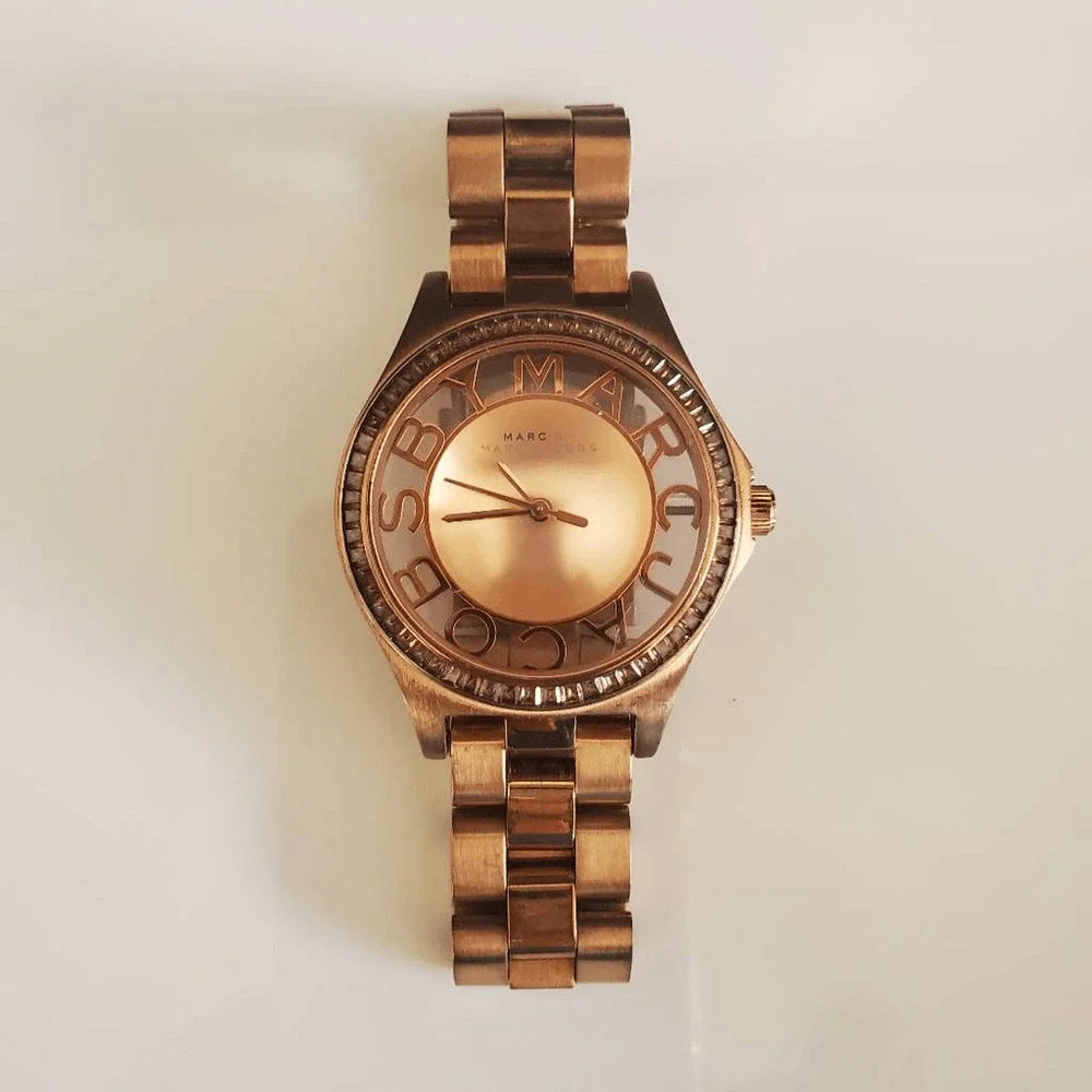 Marc by Marc Jacobs Rose Gold Tone Skeleton Logo Dial Bracelet Watch MBM3127